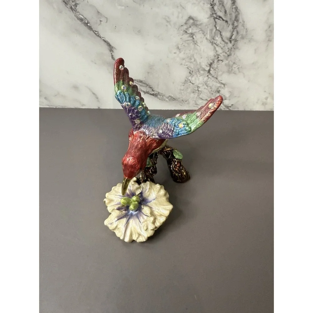 Beautiful Rare Hinged Hummingbird Shiny Jeweled Trinket Box W/Magnetic Clasp